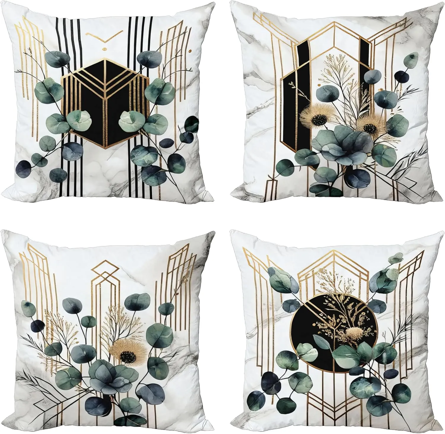 Ambesonne Eucalyptus Throw Pillow Cushion Cover Set of 4, Watercolor Branches and Geometric Modern Motives on Marble Print Back, Decorative Accent Double-Sided Printing, 18", Grey Teal Sand Brown