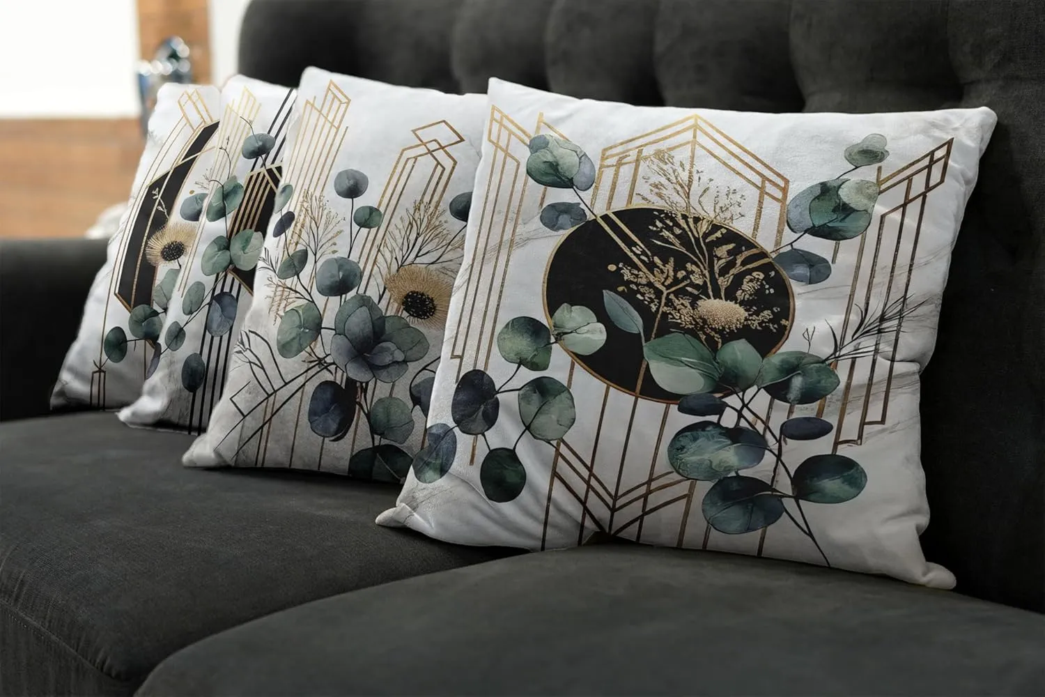 Ambesonne Eucalyptus Throw Pillow Cushion Cover Set of 4, Watercolor Branches and Geometric Modern Motives on Marble Print Back, Decorative Accent Double-Sided Printing, 18", Grey Teal Sand Brown