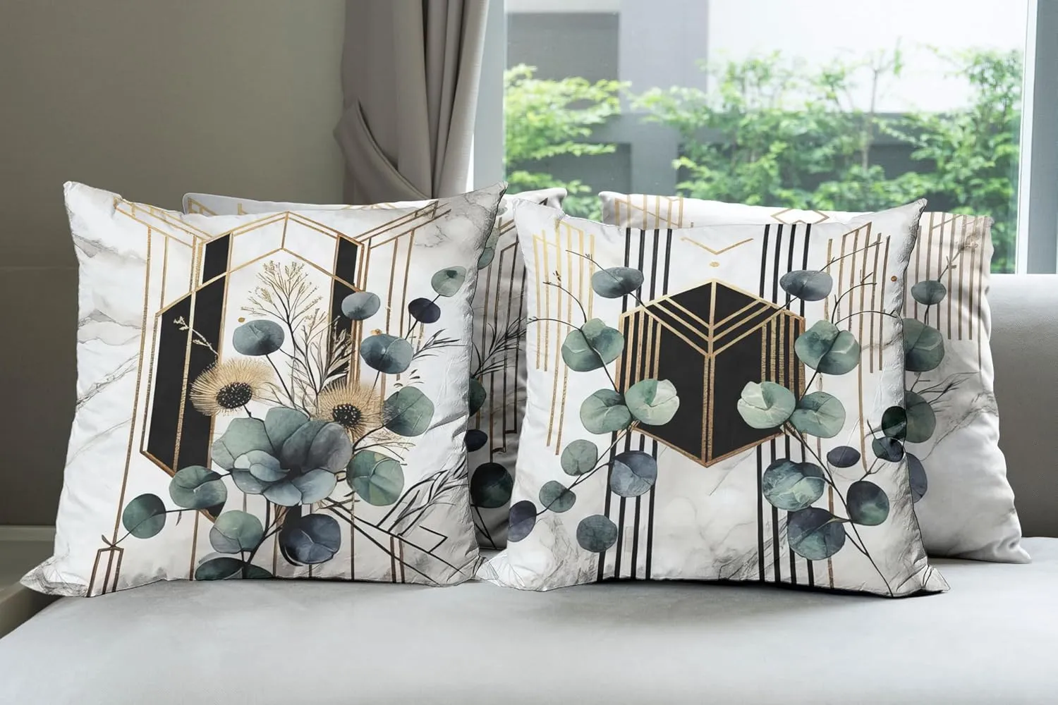 Ambesonne Eucalyptus Throw Pillow Cushion Cover Set of 4, Watercolor Branches and Geometric Modern Motives on Marble Print Back, Decorative Accent Double-Sided Printing, 18", Grey Teal Sand Brown