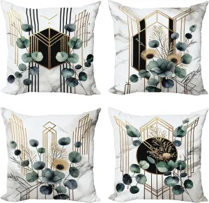Ambesonne Eucalyptus Throw Pillow Cushion Cover Set of 4, Watercolor Branches and Geometric Modern Motives on Marble Print Back, Decorative Accent Double-Sided Printing, 18", Grey Teal Sand Brown
