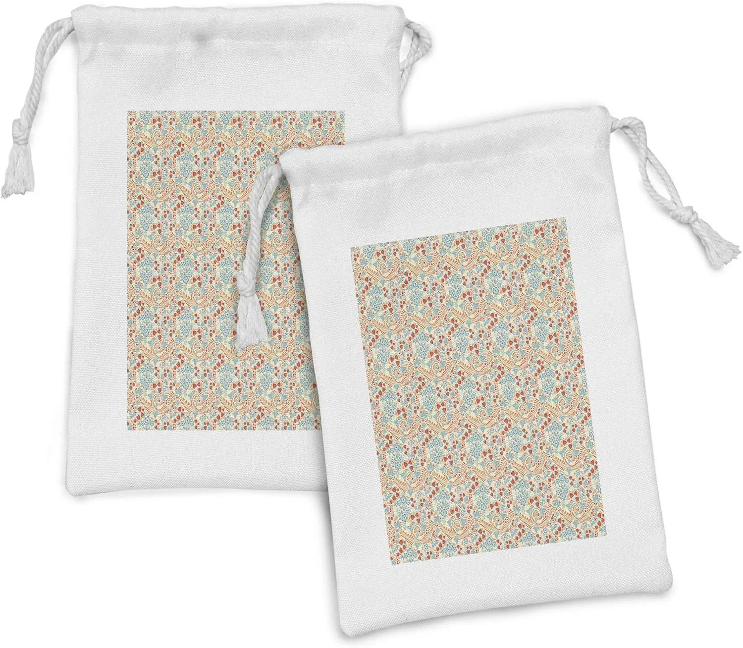 Ambesonne Floral Fabric Pouch Set of 2, Flowers and Strawberries in Traditional Khokhloma Drawing Pattern, Small Drawstring Bag for Toiletries Masks and Favors, 9" x 6", Cream Pale Teal and Vermilion
