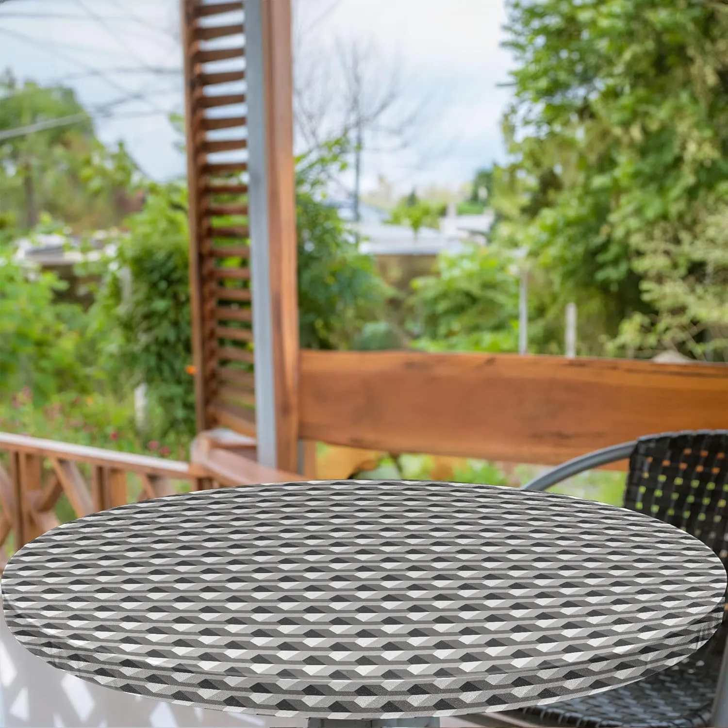 Ambesonne Geometric Fitted Round Tablecloth, Concrete Geometric Patterns with Odd Minimalist Linked Shapes Image Print, All Around Elastic Fabric Table Cover, 40"- 44" Diameter, Grey Black White