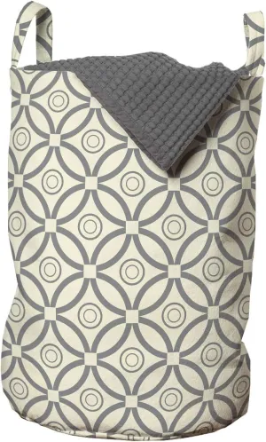 Ambesonne Geometric Laundry Bag, Prehistoric Symmetrical Circles Intersecting Geometric Latticework Print, Hamper Basket with Handles Drawstring Closure for Laundromats, 13" x 19", Dimgray and Beige