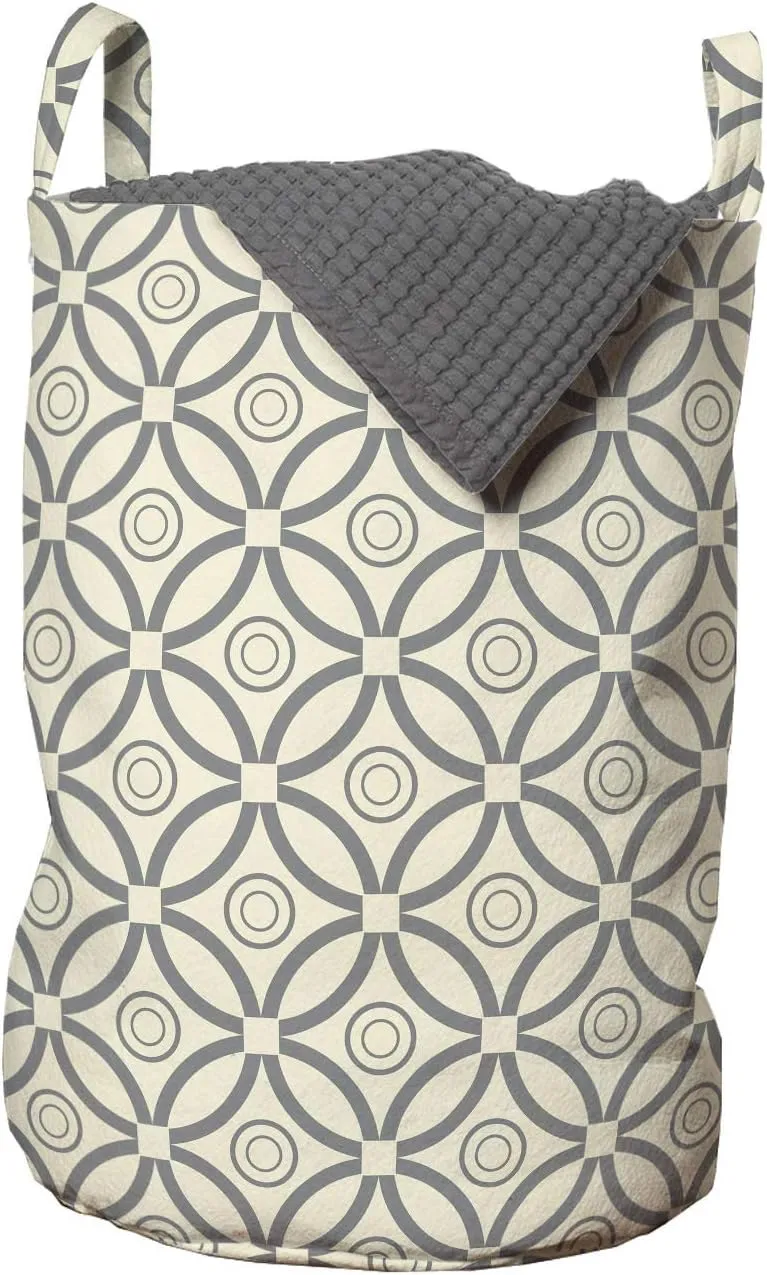 Ambesonne Geometric Laundry Bag, Prehistoric Symmetrical Circles Intersecting Geometric Latticework Print, Hamper Basket with Handles Drawstring Closure for Laundromats, 13" x 19", Dimgray and Beige