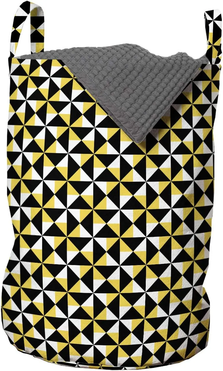 Ambesonne Glitch Laundry Bag, Rhythmic Abstract Geometric Bicolour Art Illustration Print, Hamper Basket with Handles Drawstring Closure for Laundromats, 13" x 19", Mustard Charcoal Grey