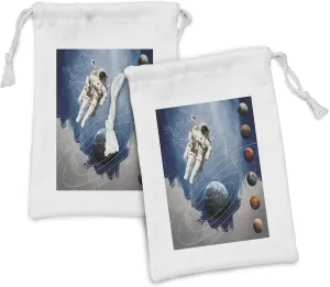 Ambesonne Outer Space Fabric Pouch Set of 2, Planetary Circles with Geometric Neptune Astral Rocket Vintage Print, Small Drawstring Bag for Toiletries Masks and Favors, 9" x 6", Multicolor