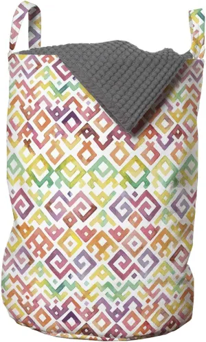 Ambesonne Watercolor Laundry Bag, Ornamental Pattern Twisted Lines Geometric Boho Design, Hamper Basket with Handles Drawstring Closure for Laundromats, 13" x 19", Multicolor