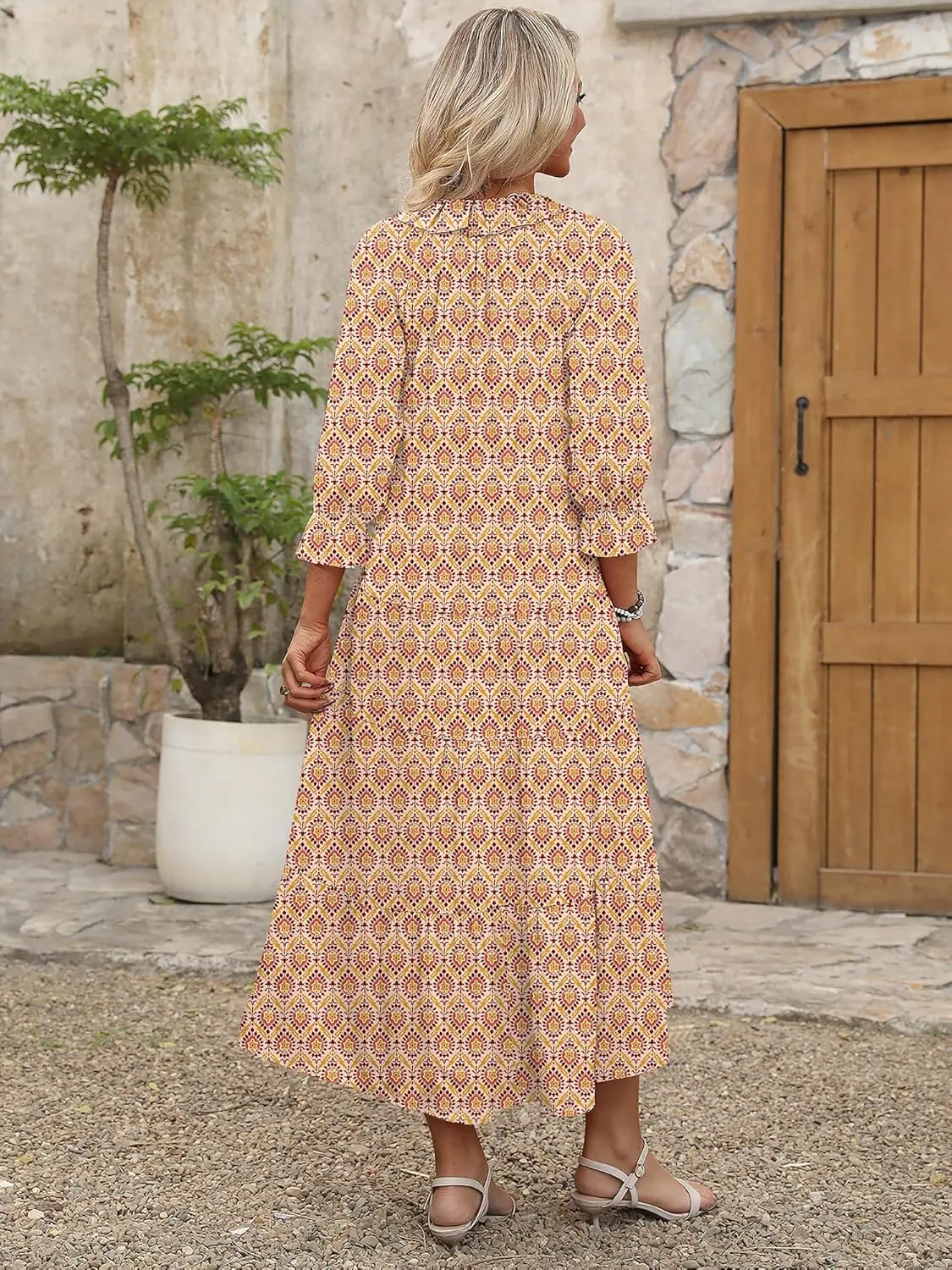 ANRABESS Women's Boho Maxi Dresses 2025 Summer Casual V Neck Puff Sleeve Floral Tiered Flowy Swing Beach Vacation Long Dress