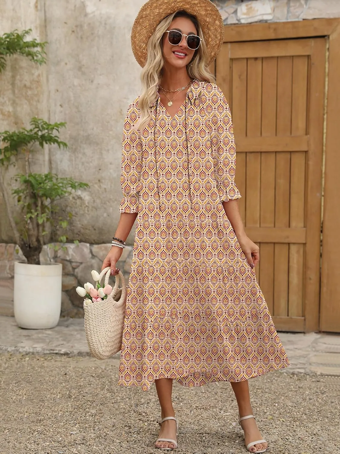 ANRABESS Women's Boho Maxi Dresses 2025 Summer Casual V Neck Puff Sleeve Floral Tiered Flowy Swing Beach Vacation Long Dress