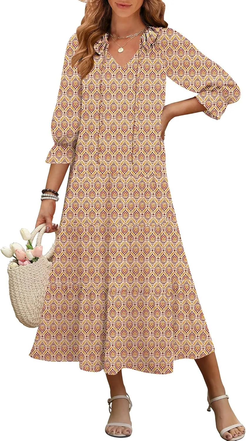 ANRABESS Women's Boho Maxi Dresses 2025 Summer Casual V Neck Puff Sleeve Floral Tiered Flowy Swing Beach Vacation Long Dress
