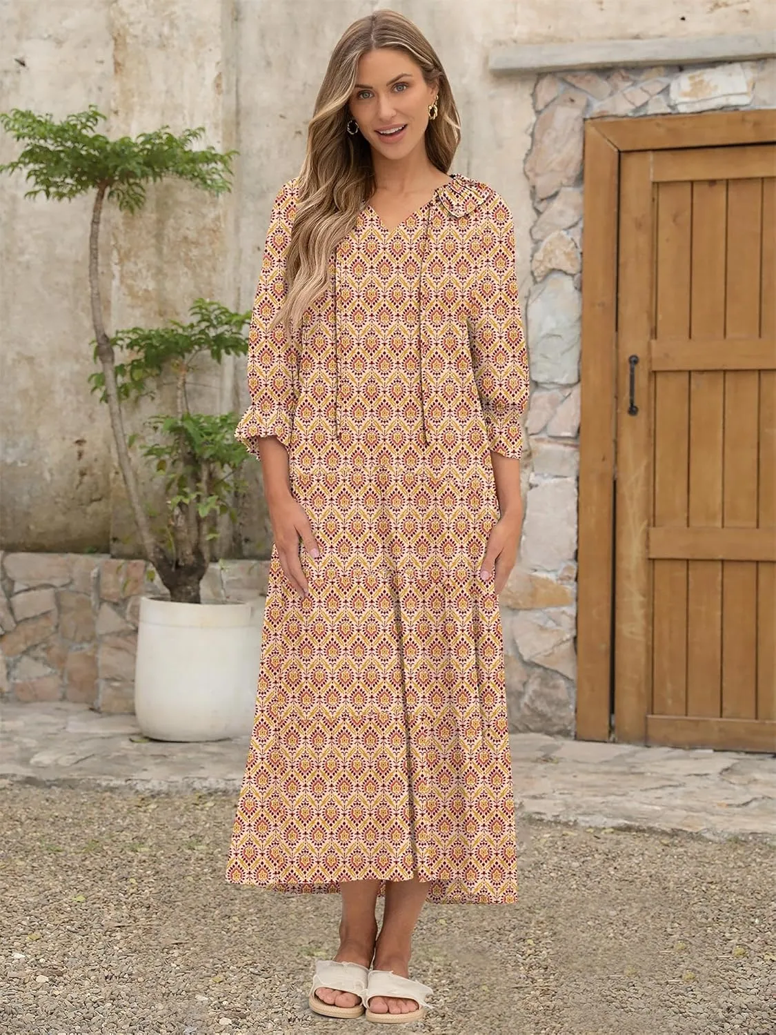 ANRABESS Women's Boho Maxi Dresses 2025 Summer Casual V Neck Puff Sleeve Floral Tiered Flowy Swing Beach Vacation Long Dress