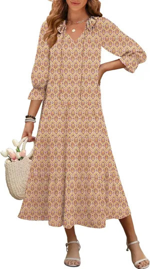 ANRABESS Women's Boho Maxi Dresses 2025 Summer Casual V Neck Puff Sleeve Floral Tiered Flowy Swing Beach Vacation Long Dress