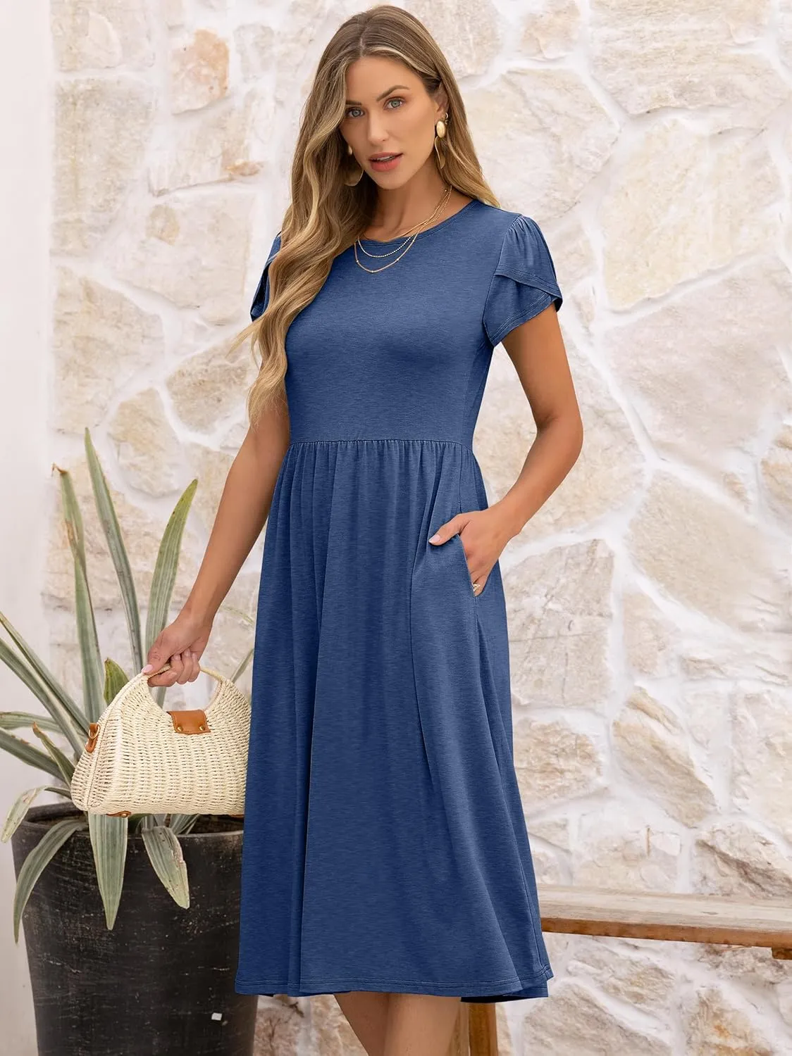 ANRABESS Women's Summer Short Sleeve A-Line Midi Dresses Casual Floral T-Shirt Dresses Flowy Beach Sundress with Pockets