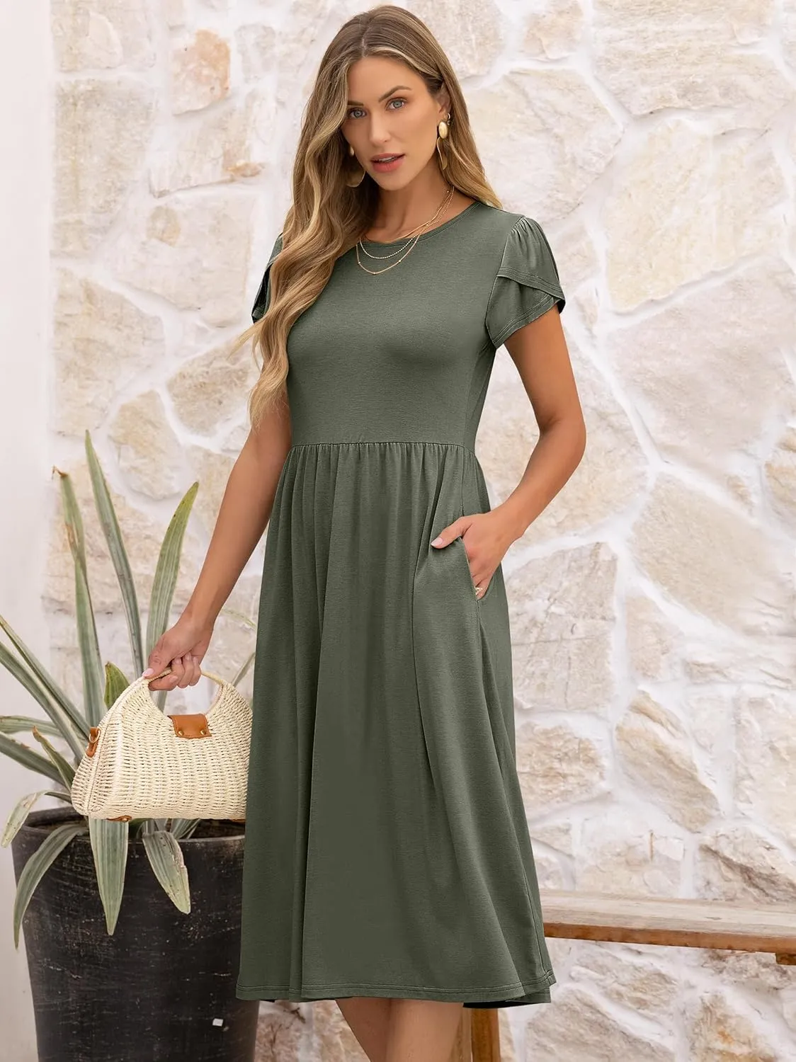 ANRABESS Women's Summer Short Sleeve A-Line Midi Dresses Casual Floral T-Shirt Dresses Flowy Beach Sundress with Pockets
