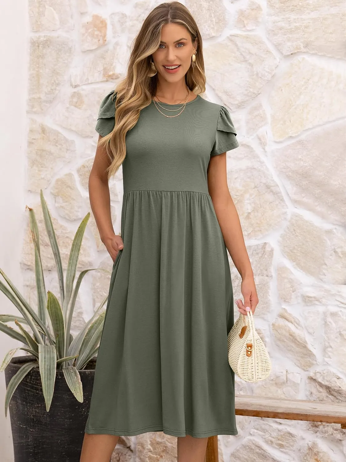 ANRABESS Women's Summer Short Sleeve A-Line Midi Dresses Casual Floral T-Shirt Dresses Flowy Beach Sundress with Pockets