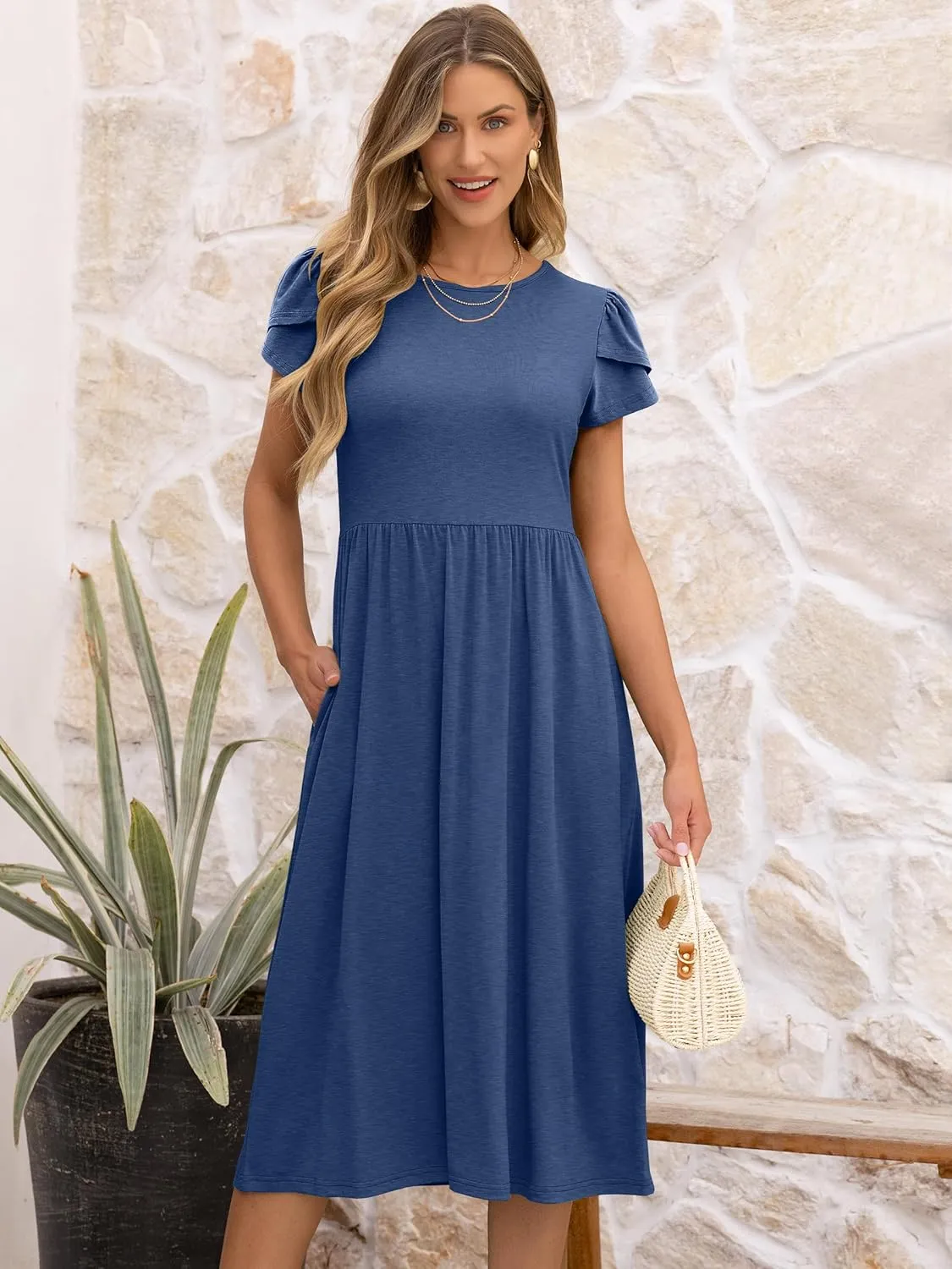 ANRABESS Women's Summer Short Sleeve A-Line Midi Dresses Casual Floral T-Shirt Dresses Flowy Beach Sundress with Pockets