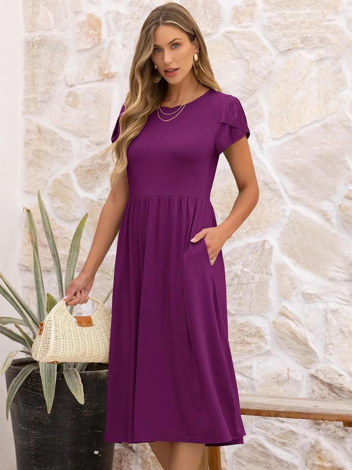 ANRABESS Women's Summer Short Sleeve A-Line Midi Dresses Casual Floral T-Shirt Dresses Flowy Beach Sundress with Pockets