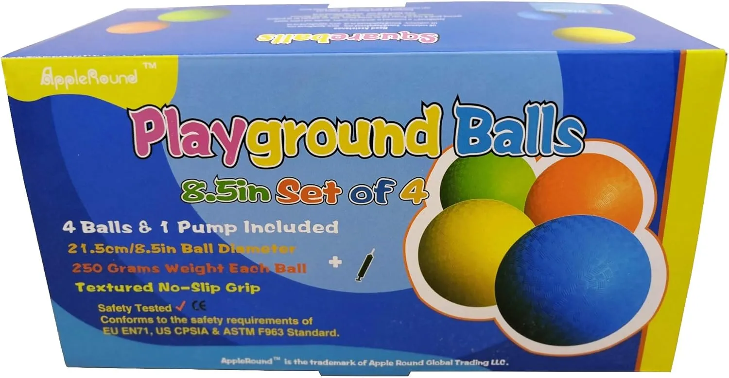 AppleRound 8.5-inch Dodgeball Playground Balls, Pack of 4 Balls with 1 Pump, Official Size for Dodge Ball, Handball, Camps and Schools