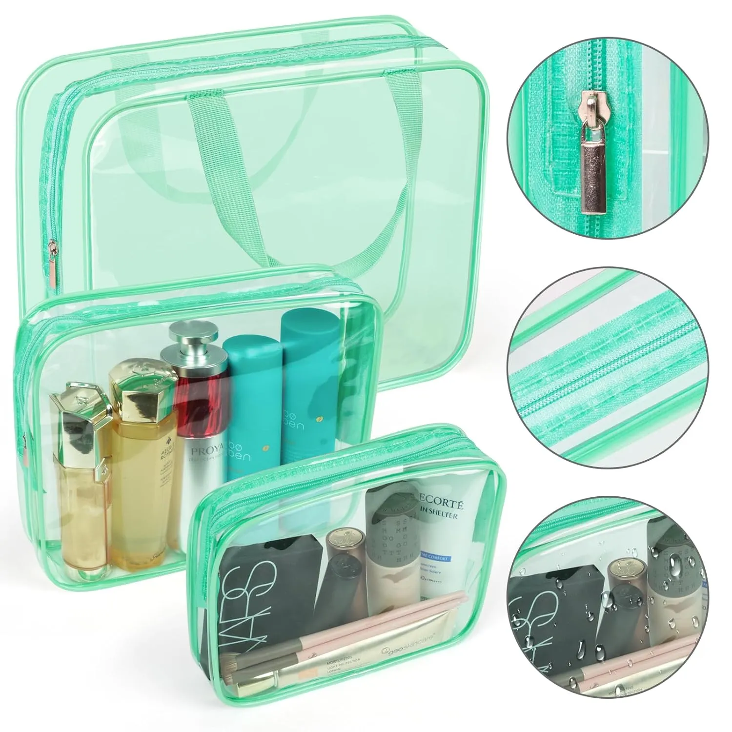 APREUTY Clear Makeup Bags, TSA Approved 6 Pcs Cosmetic Makeup Bags Set Clear PVC with Zipper Handle Portable Travel Luggage Pouch Airport Airline Vacation Organization (Mint Green)