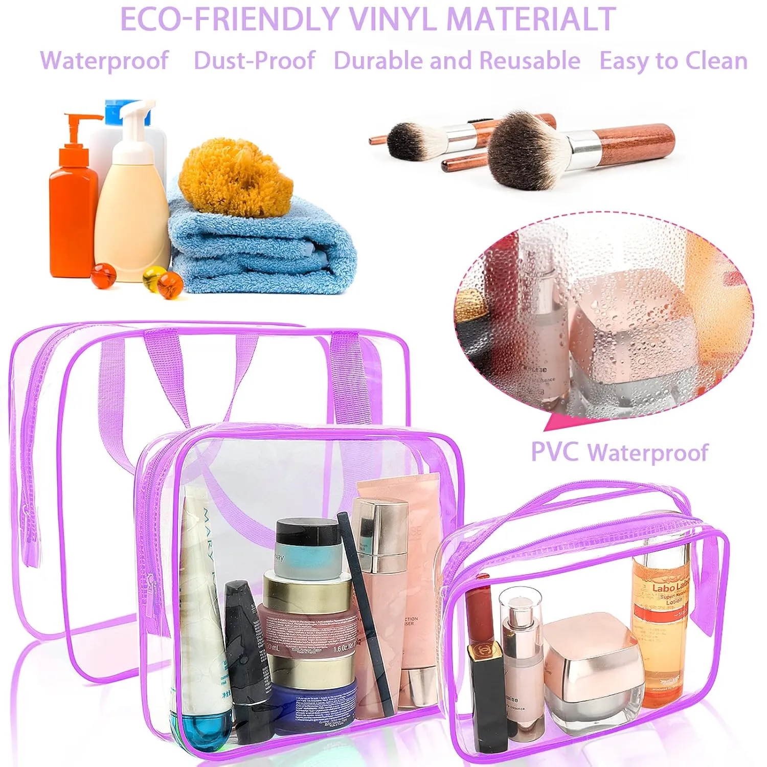 APREUTY Clear Makeup Bags, TSA Approved 6 Pcs Cosmetic Makeup Bags Set Clear PVC with Zipper Handle Portable Travel Luggage Pouch Airport Airline Vacation Organization (Purple)