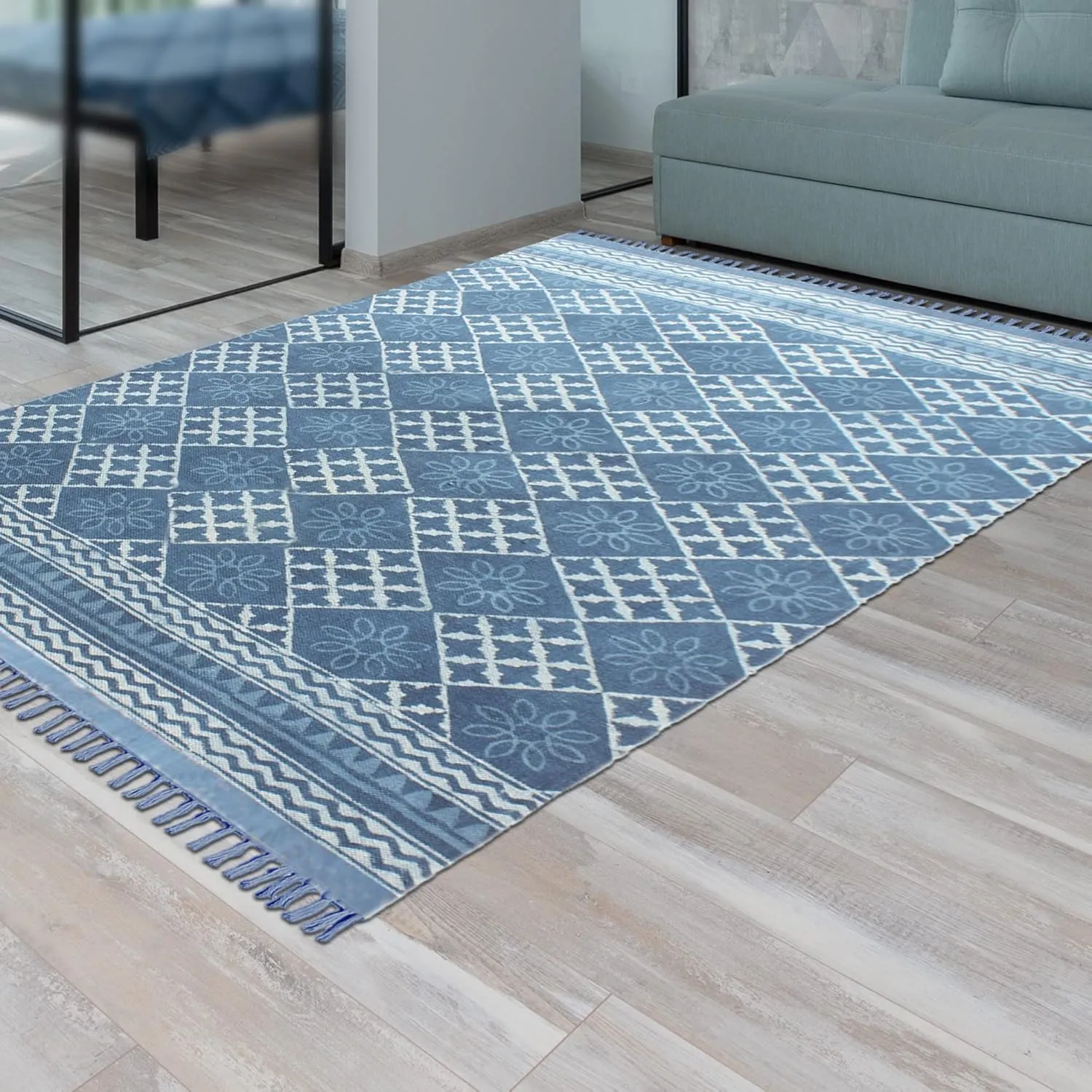 Area Rug 10x14 Kilim Rug Blue Dhurrie Geometric Thick 0.19 inches Stone Easy Washable Rug Hand Wash Cotton Carpet Flatweave Rug Indoor Outdoor Rugs for Living Room, Bedroom