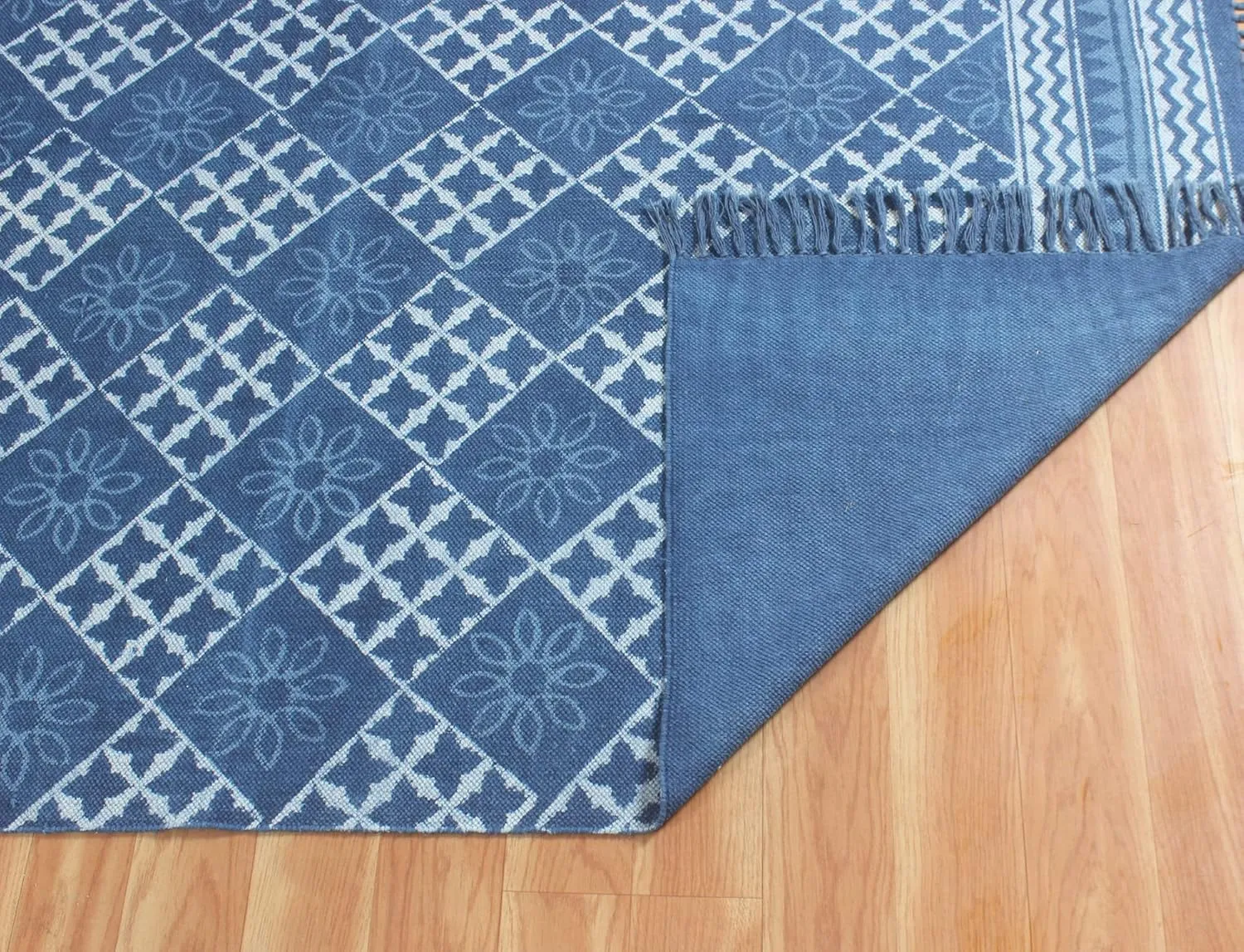 Area Rug 10x14 Kilim Rug Blue Dhurrie Geometric Thick 0.19 inches Stone Easy Washable Rug Hand Wash Cotton Carpet Flatweave Rug Indoor Outdoor Rugs for Living Room, Bedroom