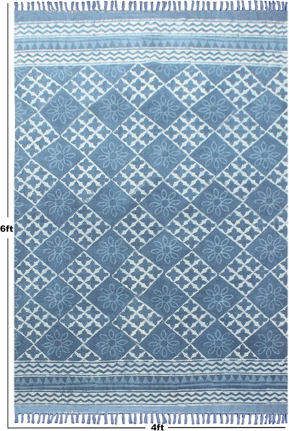 Area Rug 10x14 Kilim Rug Blue Dhurrie Geometric Thick 0.19 inches Stone Easy Washable Rug Hand Wash Cotton Carpet Flatweave Rug Indoor Outdoor Rugs for Living Room, Bedroom