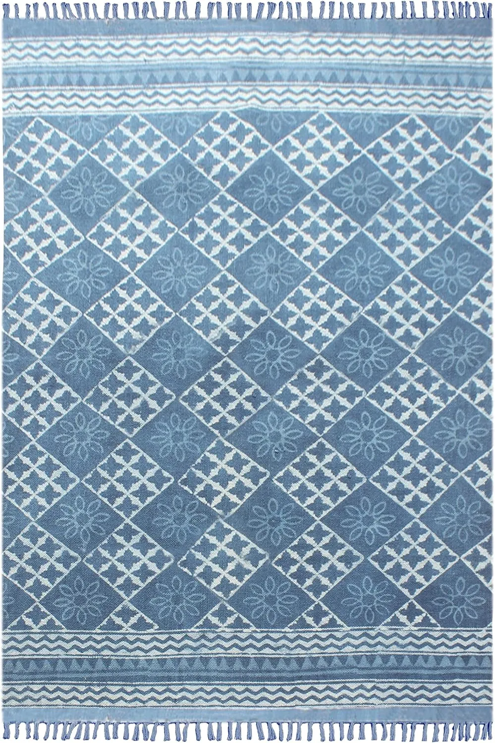 Area Rug 10x14 Kilim Rug Blue Dhurrie Geometric Thick 0.19 inches Stone Easy Washable Rug Hand Wash Cotton Carpet Flatweave Rug Indoor Outdoor Rugs for Living Room, Bedroom