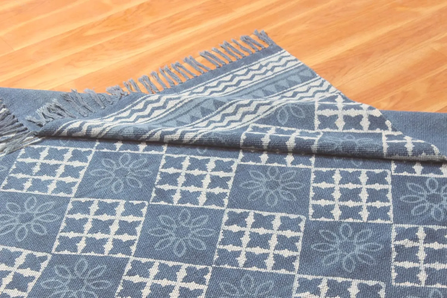 Area Rug 10x14 Kilim Rug Blue Dhurrie Geometric Thick 0.19 inches Stone Easy Washable Rug Hand Wash Cotton Carpet Flatweave Rug Indoor Outdoor Rugs for Living Room, Bedroom