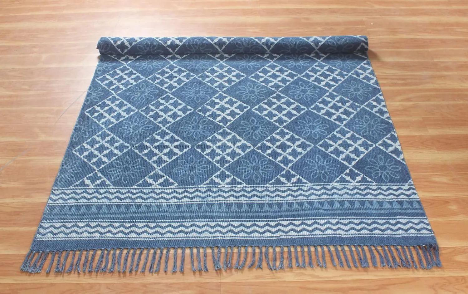 Area Rug 10x14 Kilim Rug Blue Dhurrie Geometric Thick 0.19 inches Stone Easy Washable Rug Hand Wash Cotton Carpet Flatweave Rug Indoor Outdoor Rugs for Living Room, Bedroom