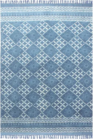 Area Rug 10x14 Kilim Rug Blue Dhurrie Geometric Thick 0.19 inches Stone Easy Washable Rug Hand Wash Cotton Carpet Flatweave Rug Indoor Outdoor Rugs for Living Room, Bedroom