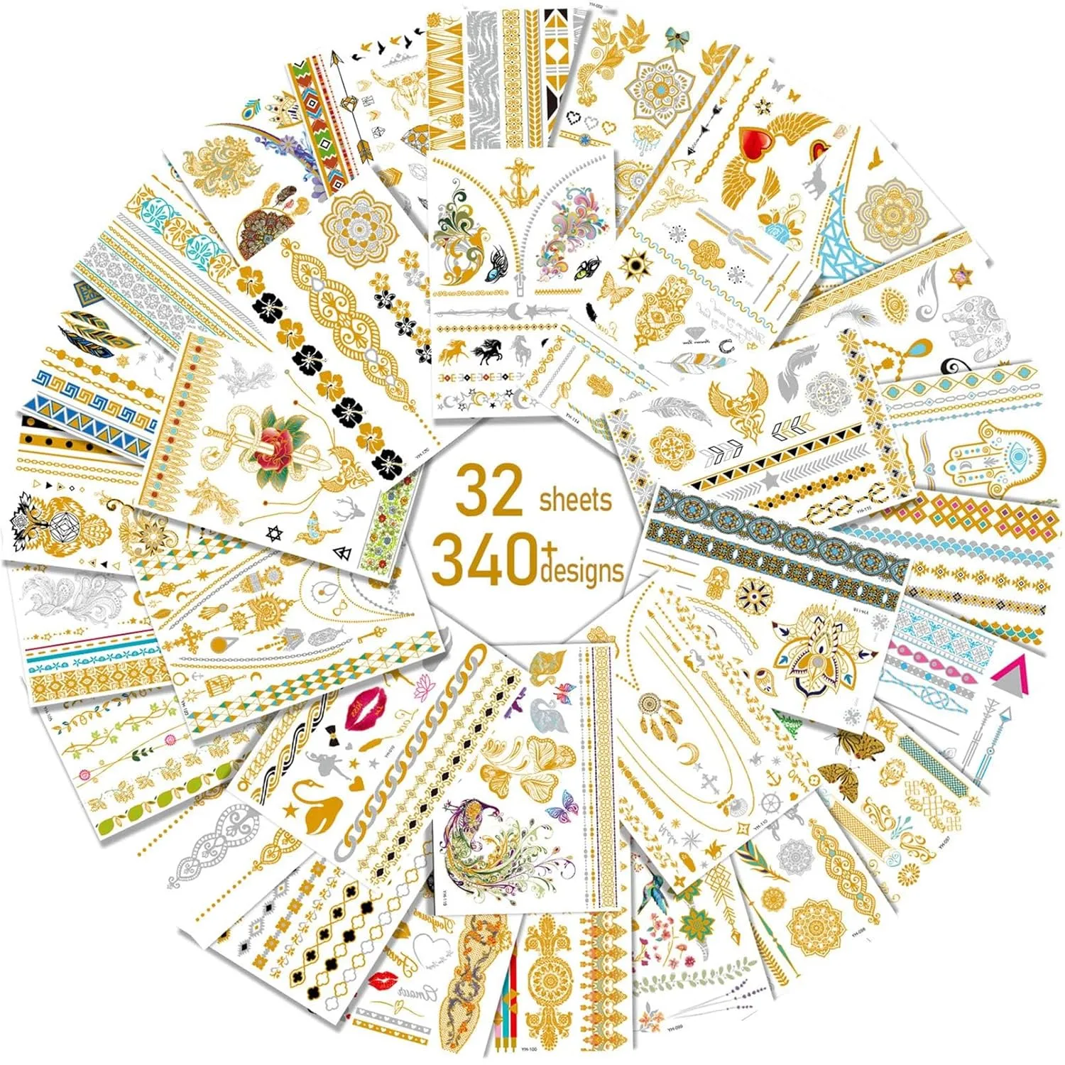 Aresvns Gold tattoo metallic 32 Sheets,Over 340  Flash temporary tattoos for women teens girls kids,Waterproof flash henna tattoos,Glitter jewelry tattoos Christmas Gift