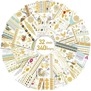 Aresvns Gold tattoo metallic 32 Sheets,Over 340  Flash temporary tattoos for women teens girls kids,Waterproof flash henna tattoos,Glitter jewelry tattoos Christmas Gift