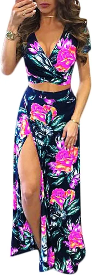 Aro Lora Women's Sexy V Neck Floral Printed Side Slit Two-Piece Maxi Dress