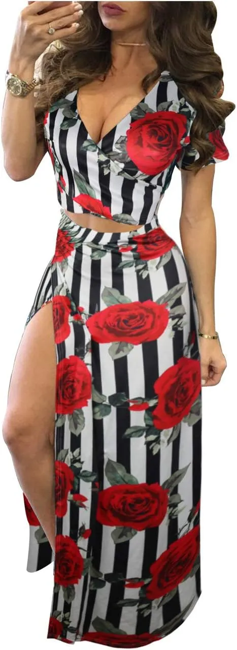 Aro Lora Women's Sexy V Neck Floral Printed Side Slit Two-Piece Maxi Dress
