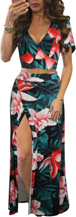 Aro Lora Women's Sexy V Neck Floral Printed Side Slit Two-Piece Maxi Dress