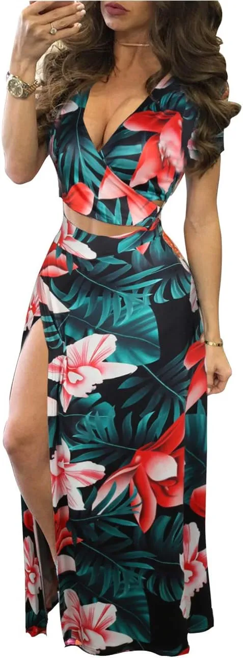 Aro Lora Women's Sexy V Neck Floral Printed Side Slit Two-Piece Maxi Dress