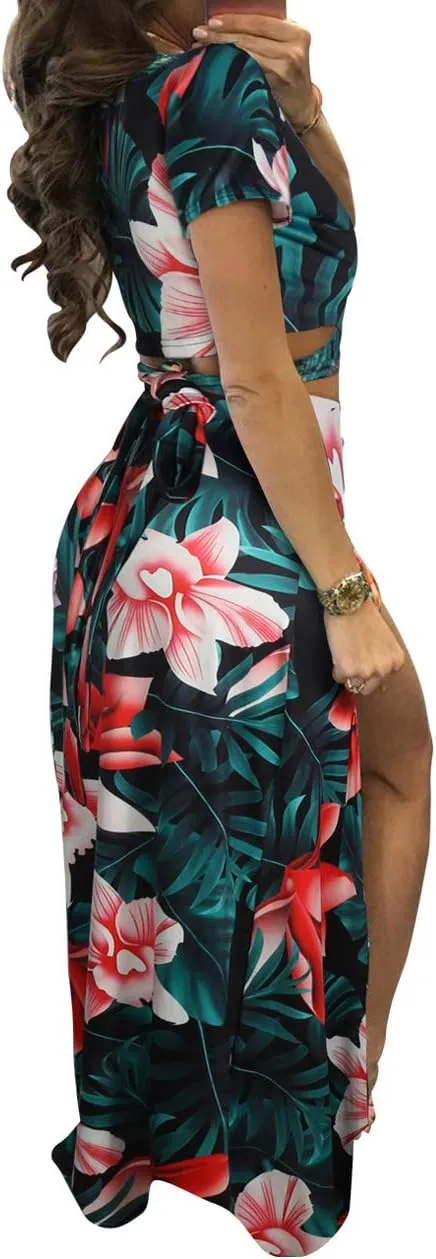 Aro Lora Women's Sexy V Neck Floral Printed Side Slit Two-Piece Maxi Dress