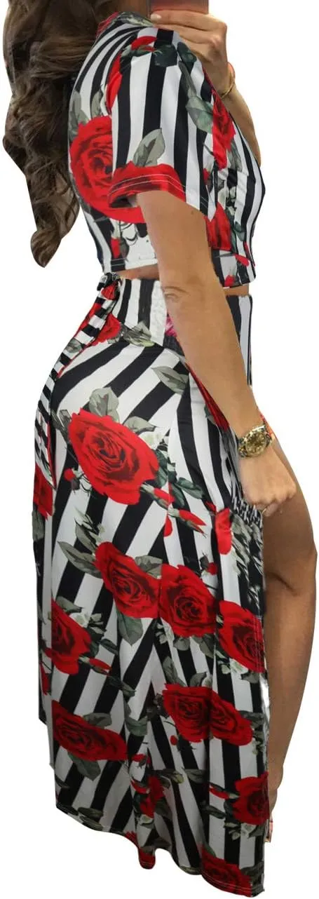 Aro Lora Women's Sexy V Neck Floral Printed Side Slit Two-Piece Maxi Dress