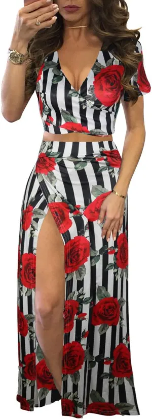 Aro Lora Women's Sexy V Neck Floral Printed Side Slit Two-Piece Maxi Dress
