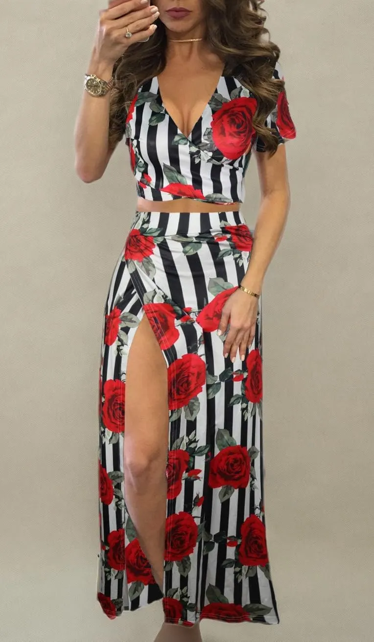 Aro Lora Women's Sexy V Neck Floral Printed Side Slit Two-Piece Maxi Dress