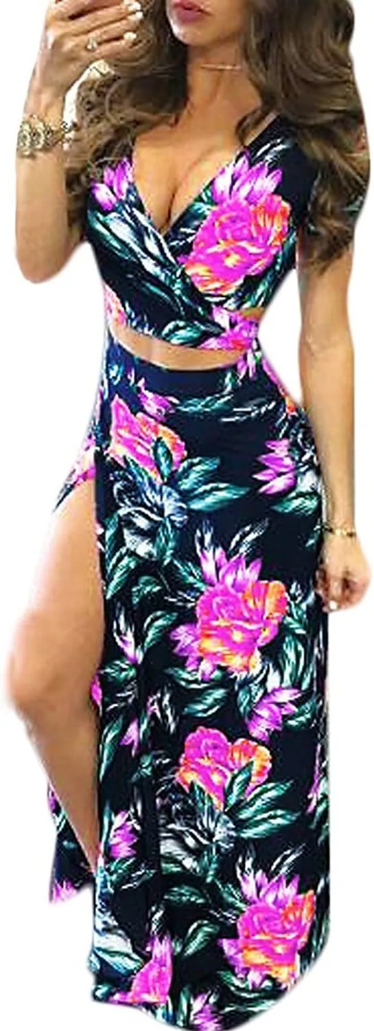 Aro Lora Women's Sexy V Neck Floral Printed Side Slit Two-Piece Maxi Dress