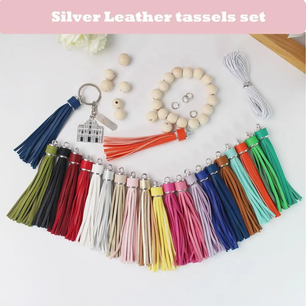 Assorted Leather Keychain Tassels for Jewelry Making 20pcs 4.3 inch Silver Faux Leather Tassels for Bead Keychain Wristlet DIY Bag Charms Cellphone Straps Key Ring Bracelet Supplies & Accessories