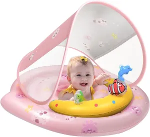 Baby Pool Float - Inflatable Infant Pool Float with Canopy UPF50  Sun Protection - Baby Swimming Float Toy Play Console for 6-36 Months Toddler-Pink