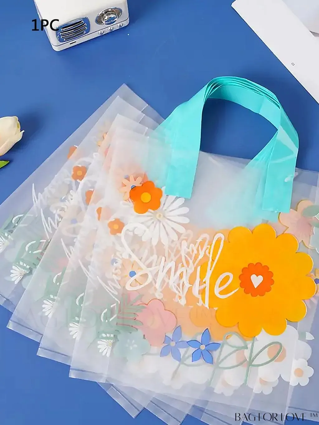 BagForLove - Premium Transparent Blue Floral Handle Tote Bag - Ideal for Gifts, Party Decor and Holidays