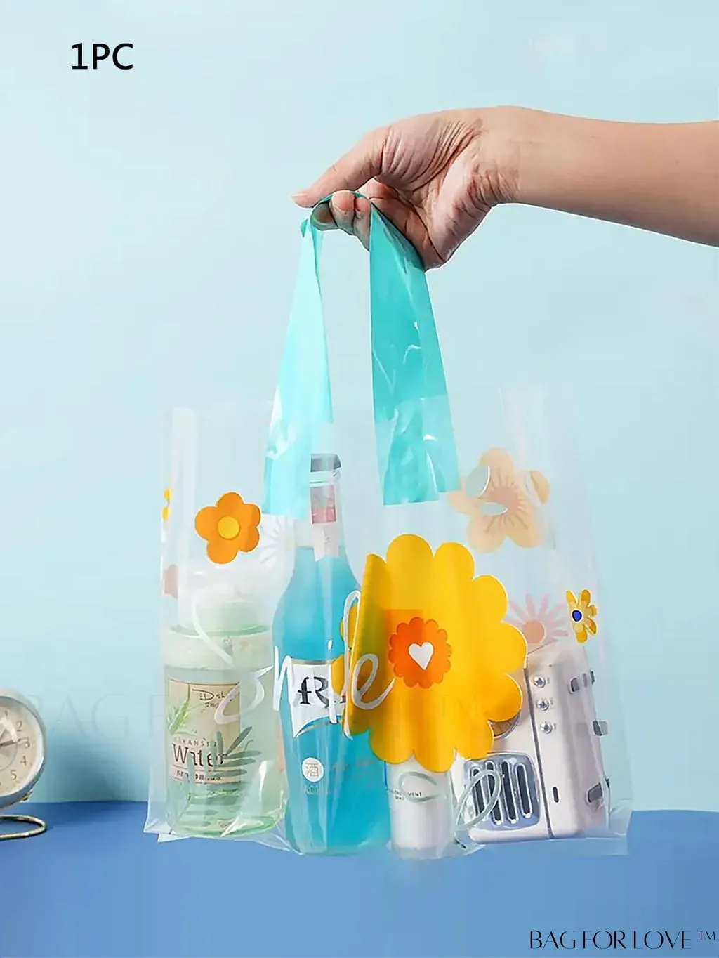 BagForLove - Premium Transparent Blue Floral Handle Tote Bag - Ideal for Gifts, Party Decor and Holidays