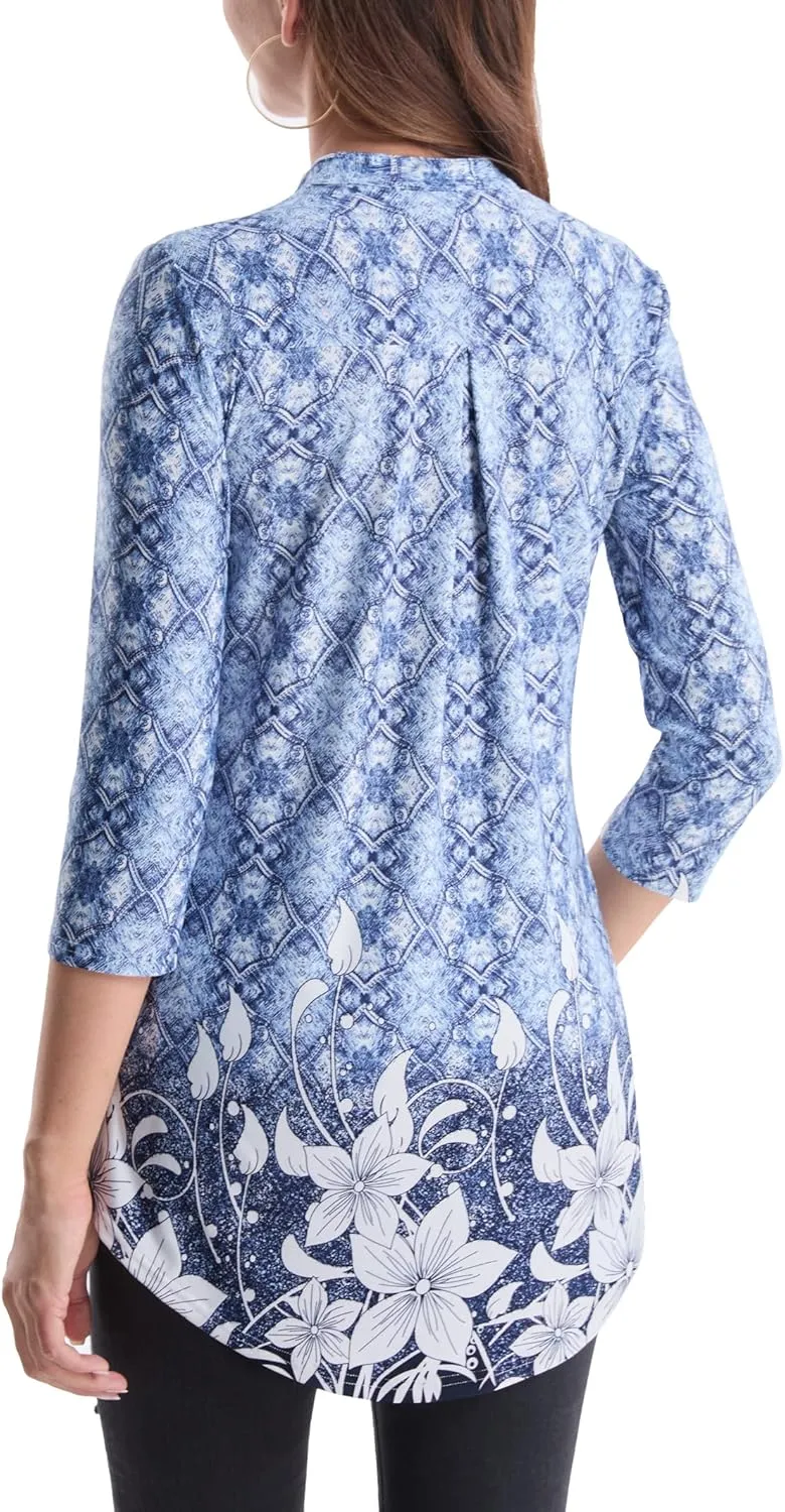 BAISHENGGT Womens 3/4 Sleeve Floral Printed Notch V Neck Blouses Tunics Tops
