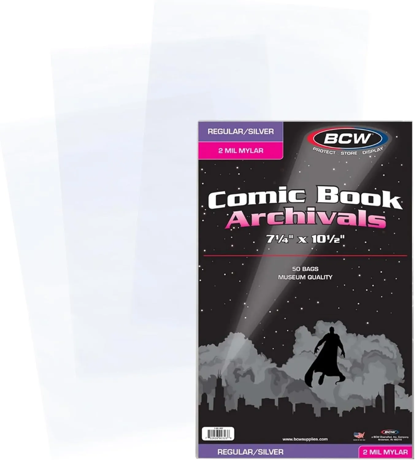 BCW Archival Storage Bags for Silver Age/Regular Comic Books - 50 Pack | 7 1/4" x 10 1/2" | 2 Mil Mylar Comic Book Sleeves | Clear Polyester