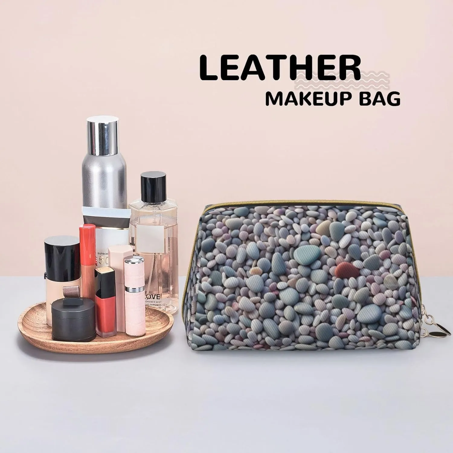 Beach Colored Pebbles Printed Small Makeup Bag,Travel Cosmetic Bag Purse with Zipper,Water-resistant Makeup Organizer Bag for Women