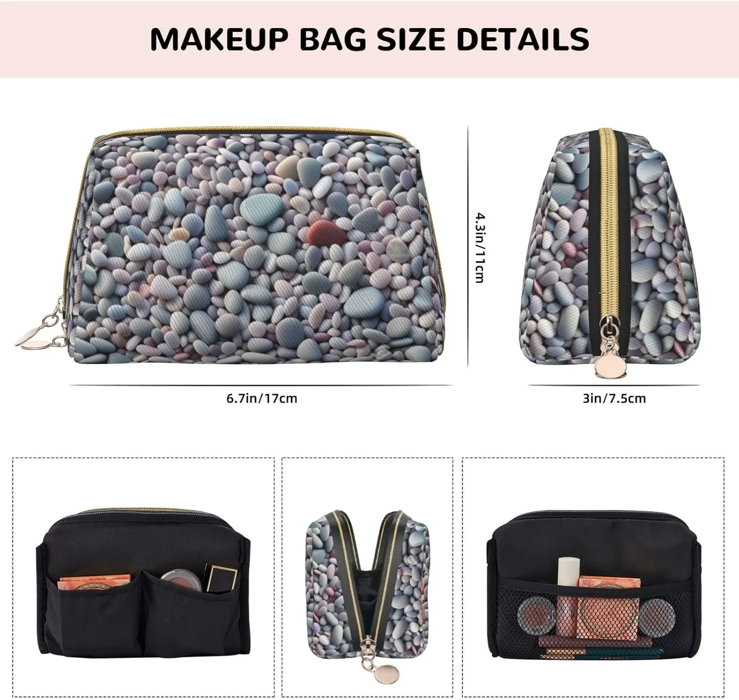 Beach Colored Pebbles Printed Small Makeup Bag,Travel Cosmetic Bag Purse with Zipper,Water-resistant Makeup Organizer Bag for Women